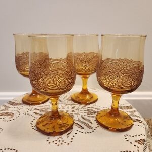 SET OF FOUR Libbey Americana Amber Embossed Water Goblets